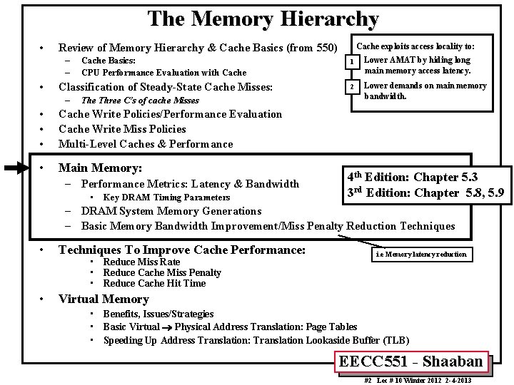 The Memory Hierarchy • Review of Memory Hierarchy & Cache Basics (from 550) –