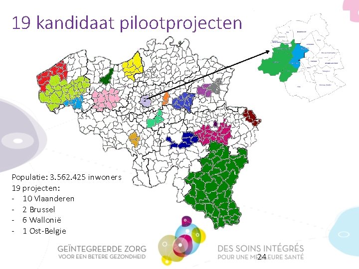 19 kandidaat pilootprojecten Populatie: 3. 562. 425 inwoners 19 projecten: - 10 Vlaanderen -