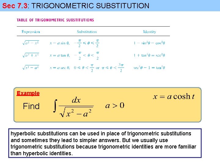 Sec 7. 3: TRIGONOMETRIC SUBSTITUTION Example Find hyperbolic substitutions can be used in place