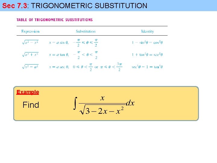 Sec 7. 3: TRIGONOMETRIC SUBSTITUTION Example Find 