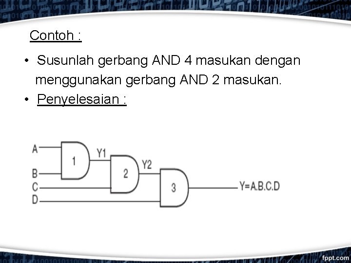 Contoh : • Susunlah gerbang AND 4 masukan dengan menggunakan gerbang AND 2 masukan.