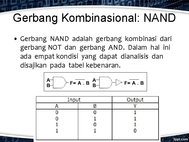 Gerbang Kombinasional: NAND • Gerbang NAND adalah gerbang kombinasi dari gerbang NOT dan gerbang