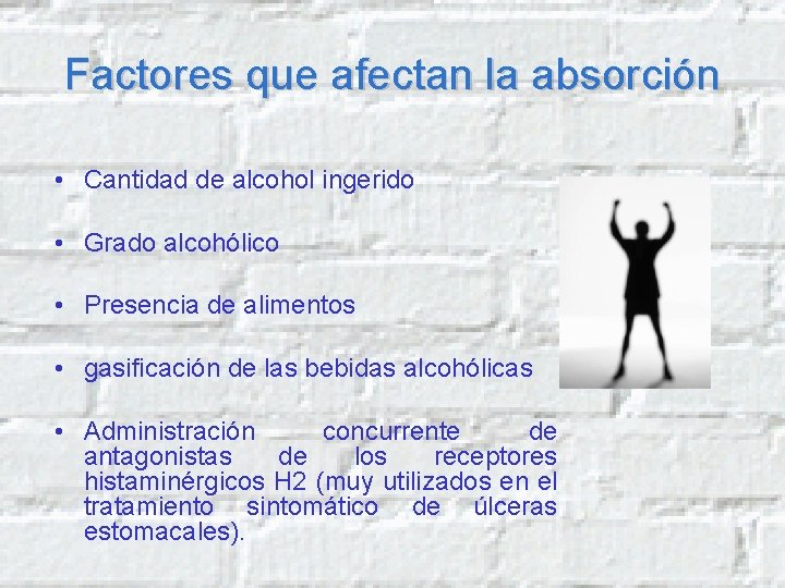 Factores que afectan la absorción • Cantidad de alcohol ingerido • Grado alcohólico •
