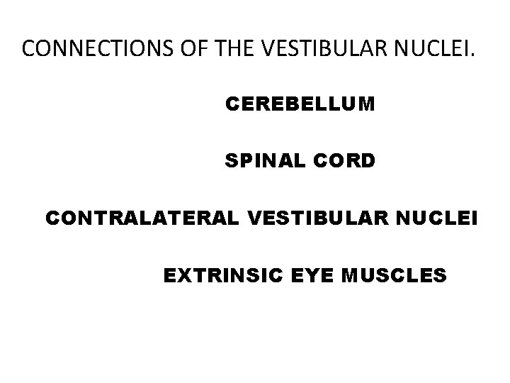 CONNECTIONS OF THE VESTIBULAR NUCLEI. CEREBELLUM SPINAL CORD CONTRALATERAL VESTIBULAR NUCLEI EXTRINSIC EYE MUSCLES