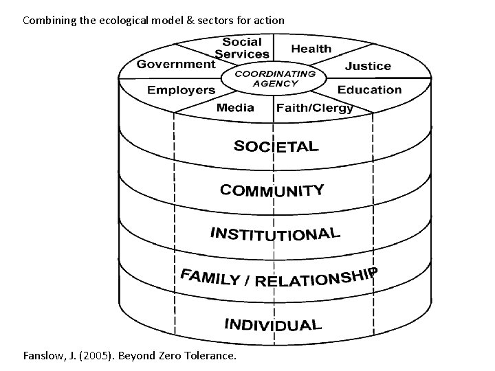 Combining the ecological model & sectors for action Fanslow, J. (2005). Beyond Zero Tolerance.