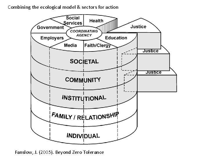 Combining the ecological model & sectors for action Fanslow, J. (2005). Beyond Zero Tolerance