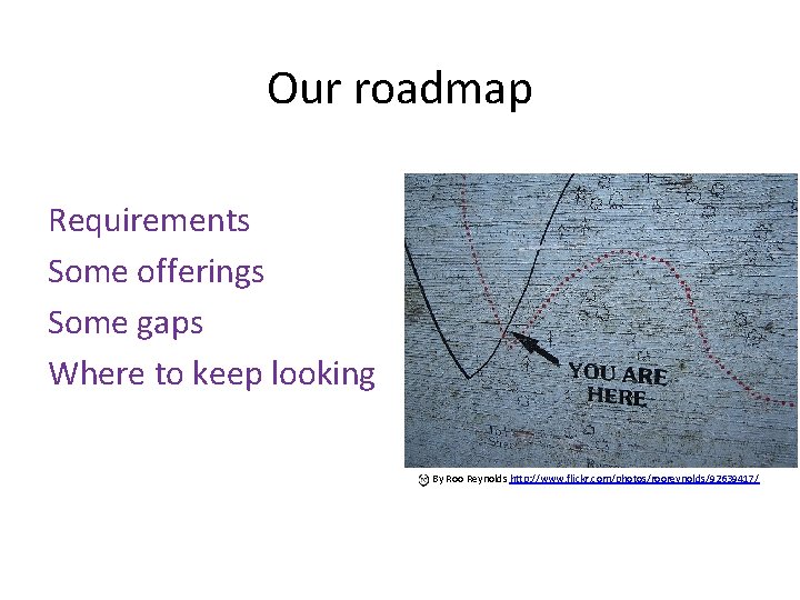 Our roadmap Requirements Some offerings Some gaps Where to keep looking By Roo Reynolds