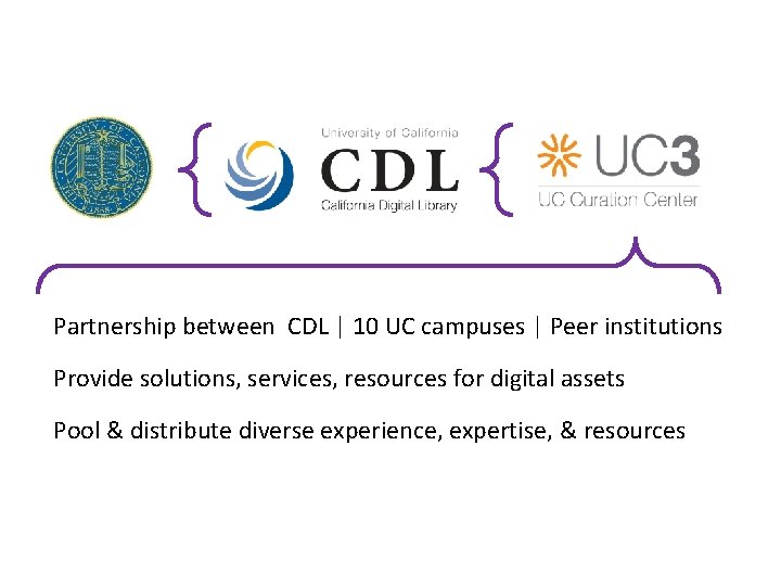 Partnership between CDL | 10 UC campuses | Peer institutions Provide solutions, services, resources