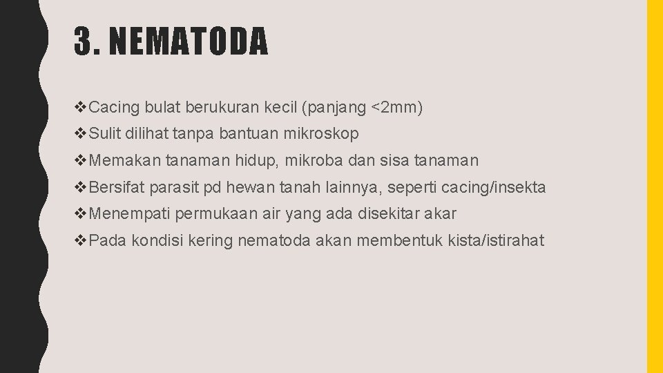 3. NEMATODA v. Cacing bulat berukuran kecil (panjang <2 mm) v. Sulit dilihat tanpa