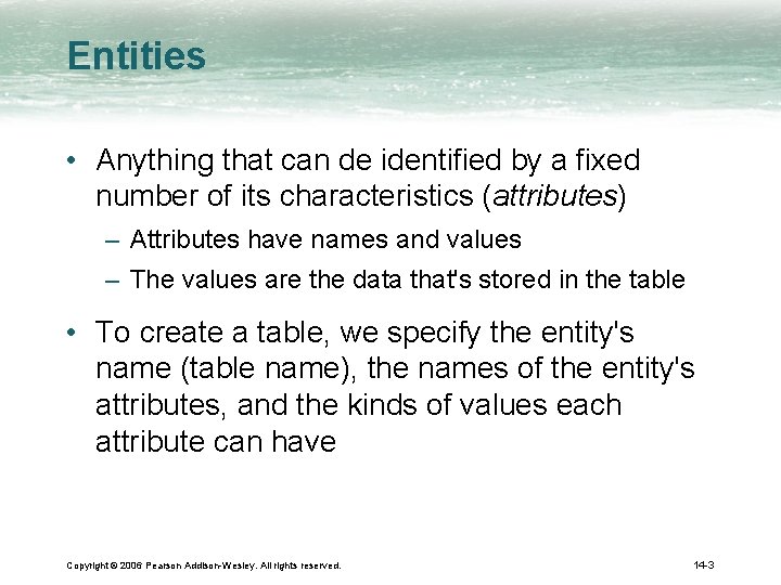Entities • Anything that can de identified by a fixed number of its characteristics