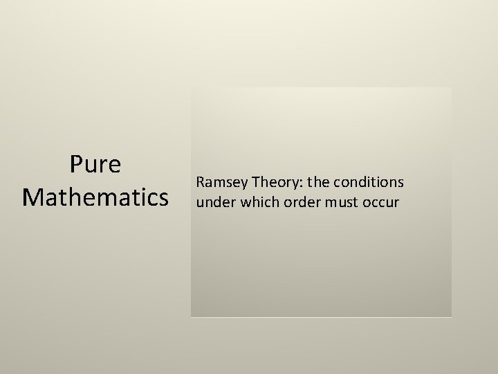 Pure Mathematics Ramsey Theory: the conditions under which order must occur 