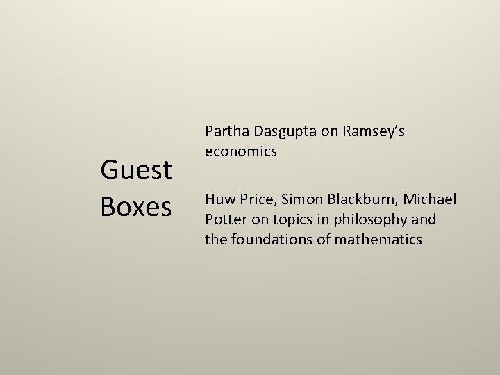 Guest Boxes Partha Dasgupta on Ramsey’s economics Huw Price, Simon Blackburn, Michael Potter on