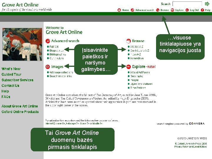 Įsisavinkite paieškos ir naršymo galimybes… Tai Grove Art Online duomenų bazės pirmasis tinklalapis …visuose
