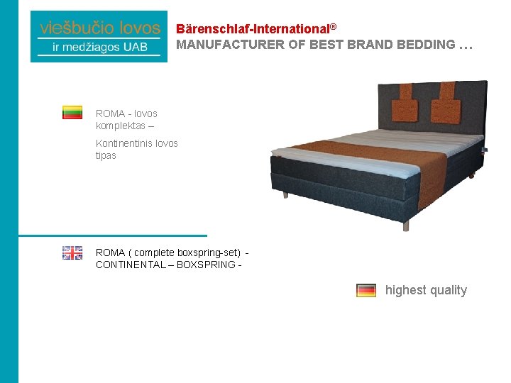 Bärenschlaf-International® MANUFACTURER OF BEST BRAND BEDDING … ROMA - lovos komplektas – Kontinentinis lovos