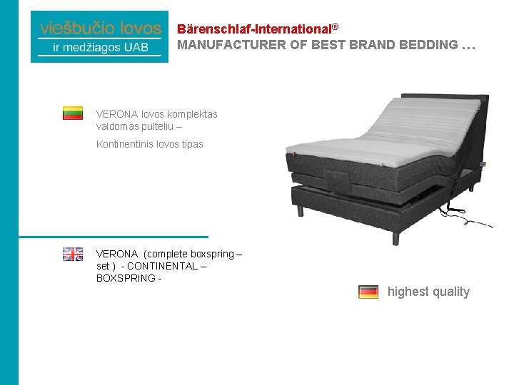 Bärenschlaf-International® MANUFACTURER OF BEST BRAND BEDDING … VERONA lovos komplektas valdomas pulteliu – Kontinentinis