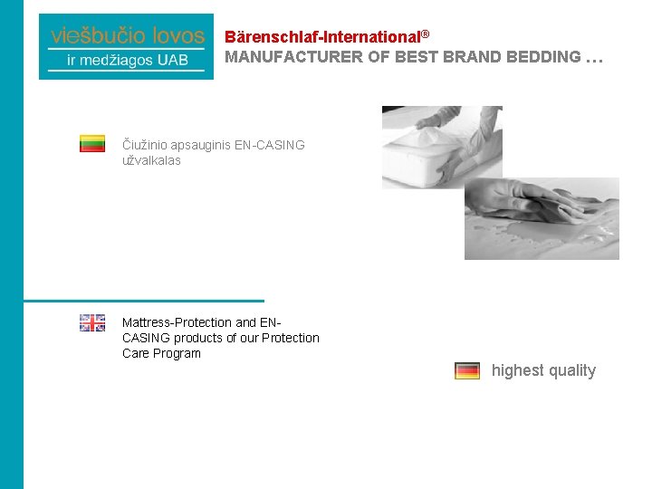 Bärenschlaf-International® MANUFACTURER OF BEST BRAND BEDDING … Čiužinio apsauginis EN-CASING užvalkalas Mattress-Protection and ENCASING
