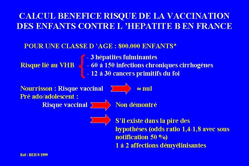CALCUL BENEFICE RISQUE DE LA VACCINATION DES ENFANTS CONTRE L ’HEPATITE B EN FRANCE CALCUL BENEFICE RISQUE DE LA VACCINATION DES ENFANTS CONTRE L ’HEPATITE B EN FRANCE
