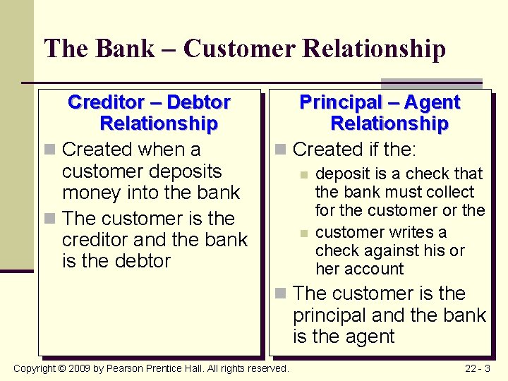 The Bank – Customer Relationship Creditor – Debtor Relationship n Created when a customer