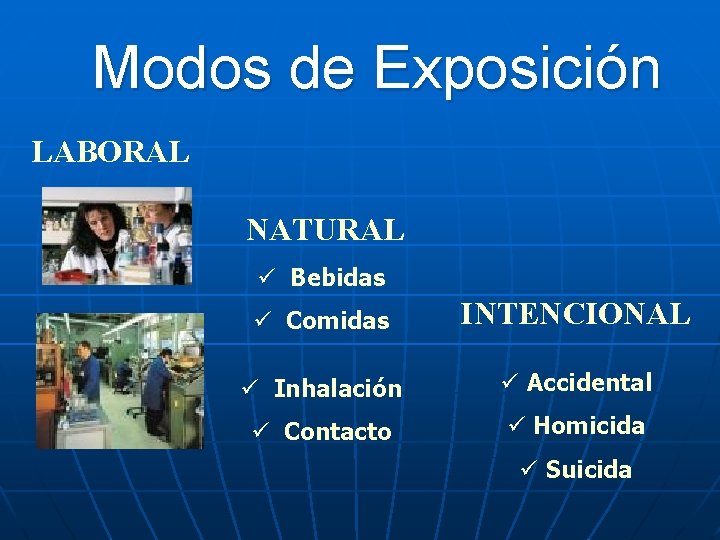 Modos de Exposición LABORAL NATURAL ü Bebidas ü Comidas INTENCIONAL ü Inhalación ü Accidental