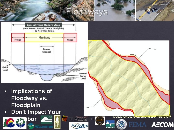 Floodways • Implications of Floodway vs. Floodplain • Don’t Impact Your Neighbor COLORADOHAZARDMAPPING. COM
