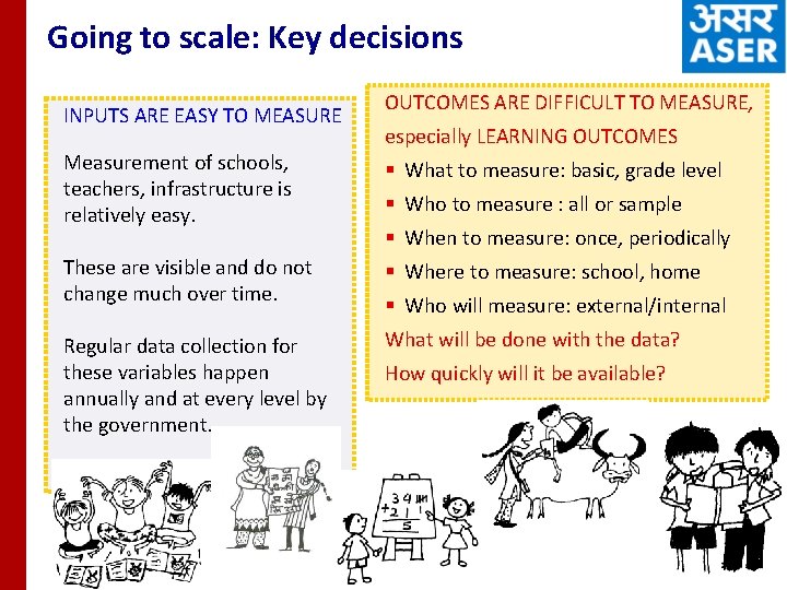 Going to scale: Key decisions INPUTS ARE EASY TO MEASURE Measurement of schools, teachers,