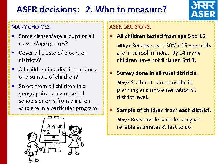 ASER decisions: 2. Who to measure? MANY CHOICES ASER DECISIONS: § Some classes/age groups