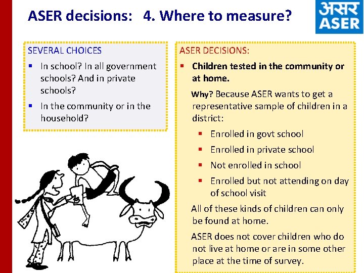 ASER decisions: 4. Where to measure? SEVERAL CHOICES ASER DECISIONS: § In school? In