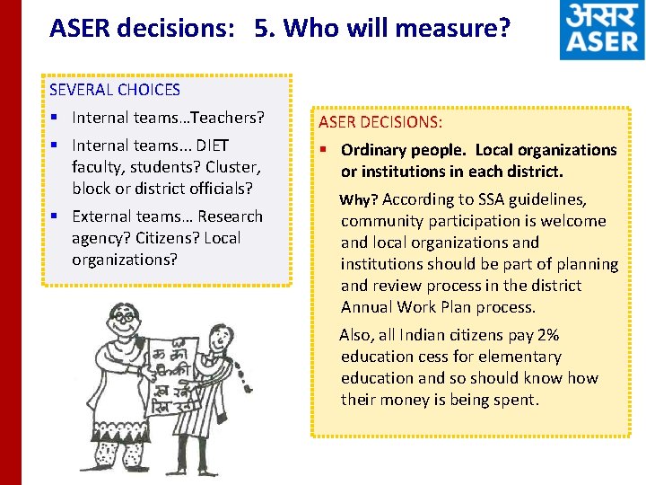 ASER decisions: 5. Who will measure? SEVERAL CHOICES § Internal teams…Teachers? ASER DECISIONS: §