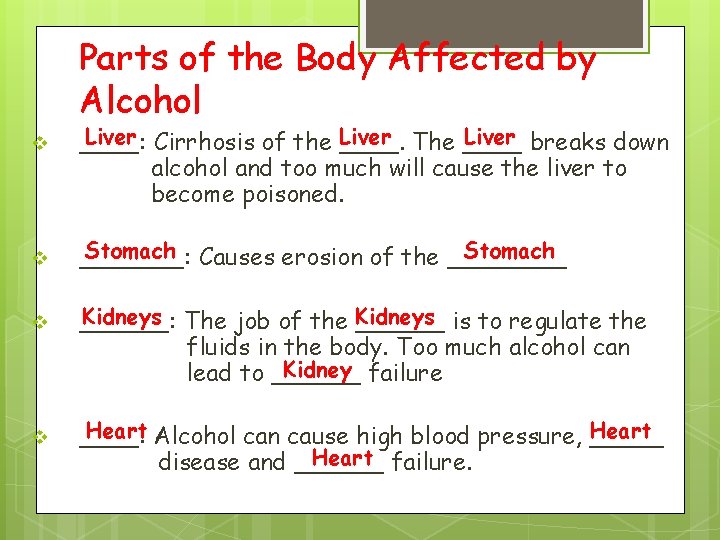 Parts of the Body Affected by Alcohol v v Liver Cirrhosis of the ____.