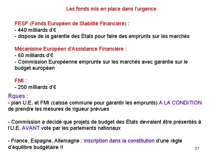Les fonds mis en place dans l’urgence FESF (Fonds Européen de Stabilité Financière) :