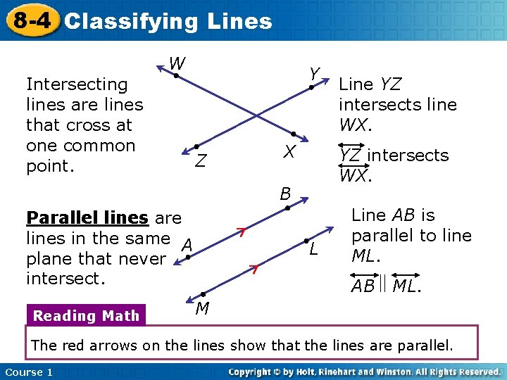 8 -4 Classifying Lines Intersecting lines are lines that cross at one common point.