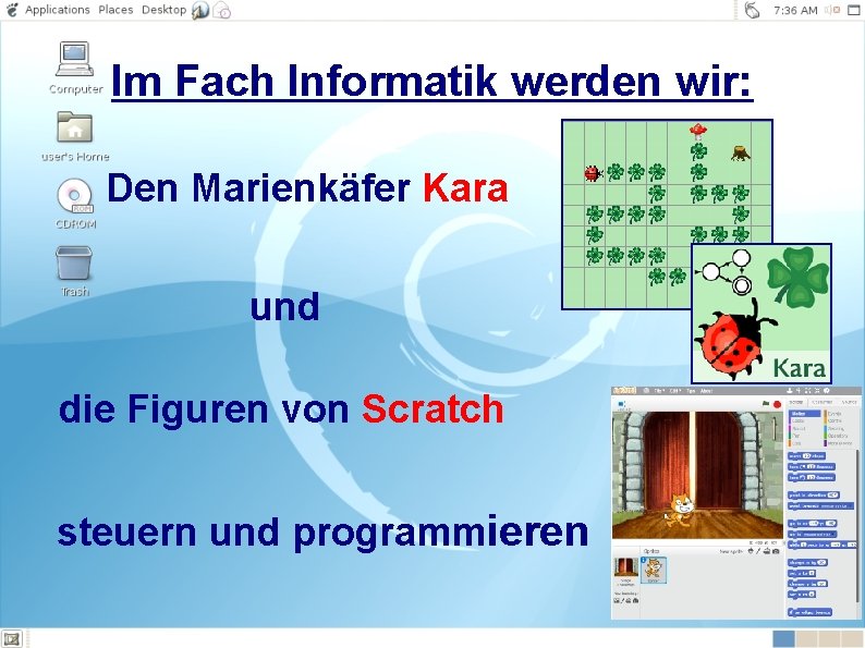 Im Fach Informatik werden wir: Den Marienkäfer Kara und die Figuren von Scratch steuern