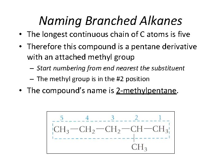 Naming Branched Alkanes • The longest continuous chain of C atoms is five •