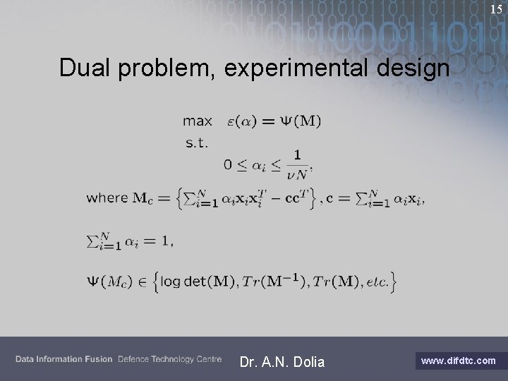 15 Dual problem, experimental design Dr. A. N. Dolia www. difdtc. com 