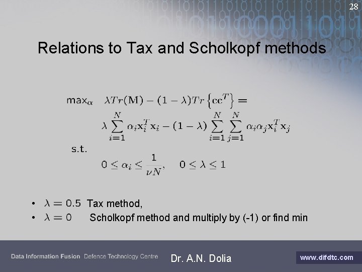 28 Relations to Tax and Scholkopf methods • • Tax method, Scholkopf method and