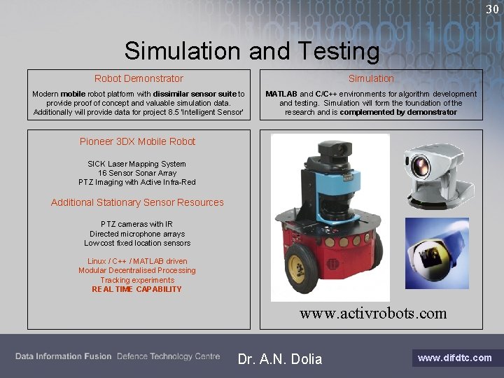 30 Simulation and Testing Robot Demonstrator Simulation Modern mobile robot platform with dissimilar sensor