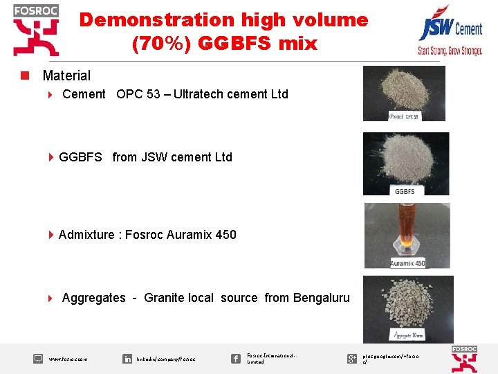 Demonstration high volume (70%) GGBFS mix n Material 4 Cement OPC 53 – Ultratech