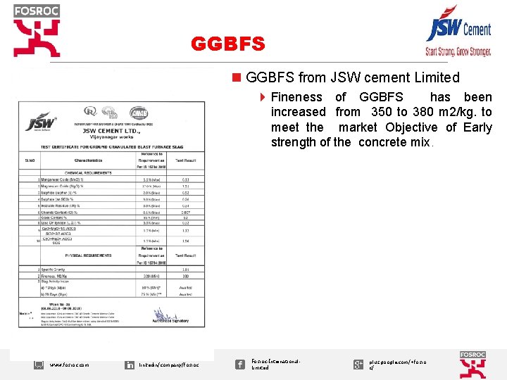 GGBFS n GGBFS from JSW cement Limited 4 Fineness of GGBFS has been increased