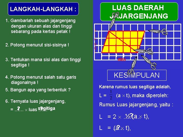 LUAS DAERAH JAJARGENJANG LANGKAH-LANGKAH : 1. Gambarlah sebuah jajargenjang dengan ukuran alas dan tinggi