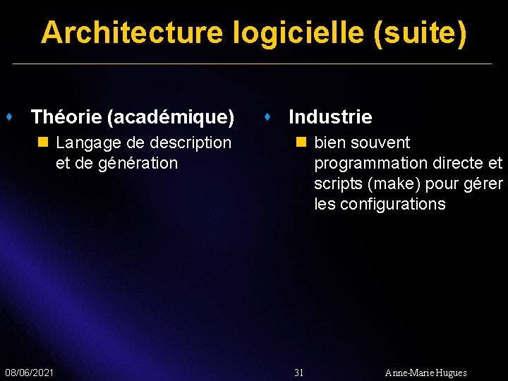 Architecture logicielle (suite) s Théorie (académique) n Langage de description et de génération 08/06/2021