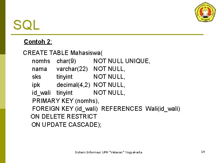 SQL Contoh 2: CREATE TABLE Mahasiswa( nomhs char(9) NOT NULL UNIQUE, nama varchar(22) NOT