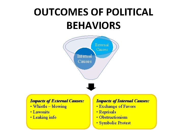 OUTCOMES OF POLITICAL BEHAVIORS External Causes Internal Causes Impacts of External Causes: • Whistle