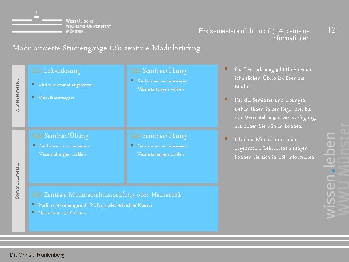 Erstsemestereinführung (1): Allgemeine Informationen Wintersemester Modularisierte Studiengänge (2): zentrale Modulprüfung G 1: Leitvorlesung §