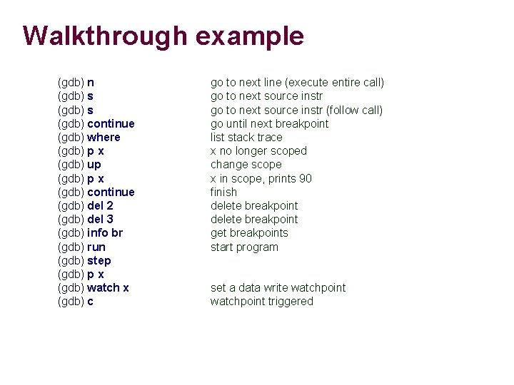Walkthrough example (gdb) n (gdb) s (gdb) continue (gdb) where (gdb) p x (gdb)