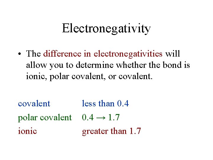 Electronegativity • The difference in electronegativities will allow you to determine whether the bond