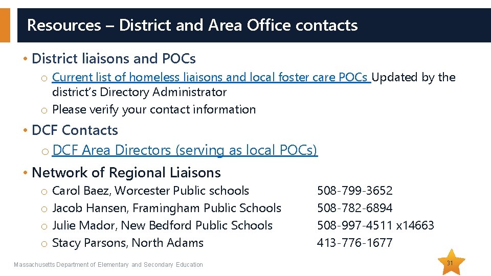 Resources – District and Area Office contacts • District liaisons and POCs o Current