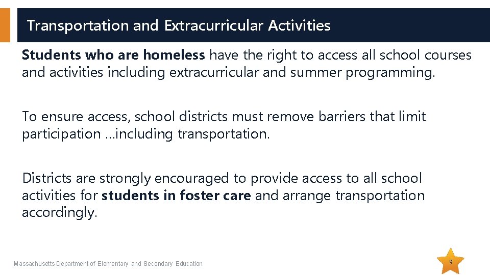 Transportation and Extracurricular Activities Students who are homeless have the right to access all