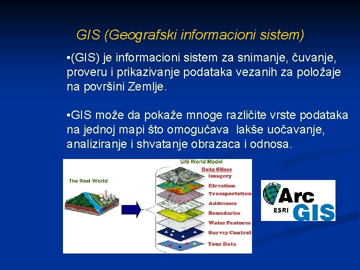 GIS (Geografski informacioni sistem) • (GIS) je informacioni sistem za snimanje, čuvanje, proveru i