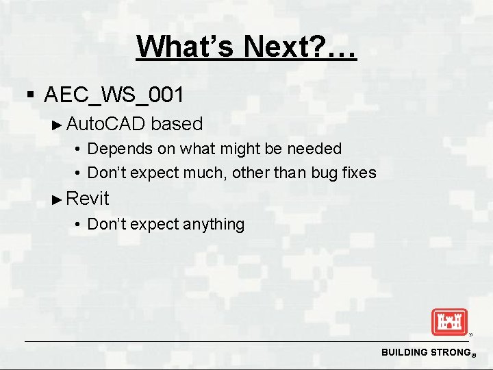 What’s Next? … § AEC_WS_001 ► Auto. CAD based • Depends on what might