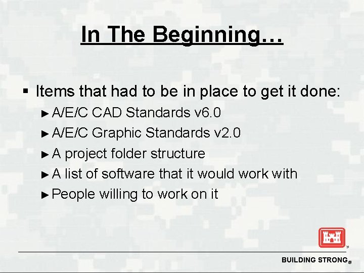 In The Beginning… § Items that had to be in place to get it
